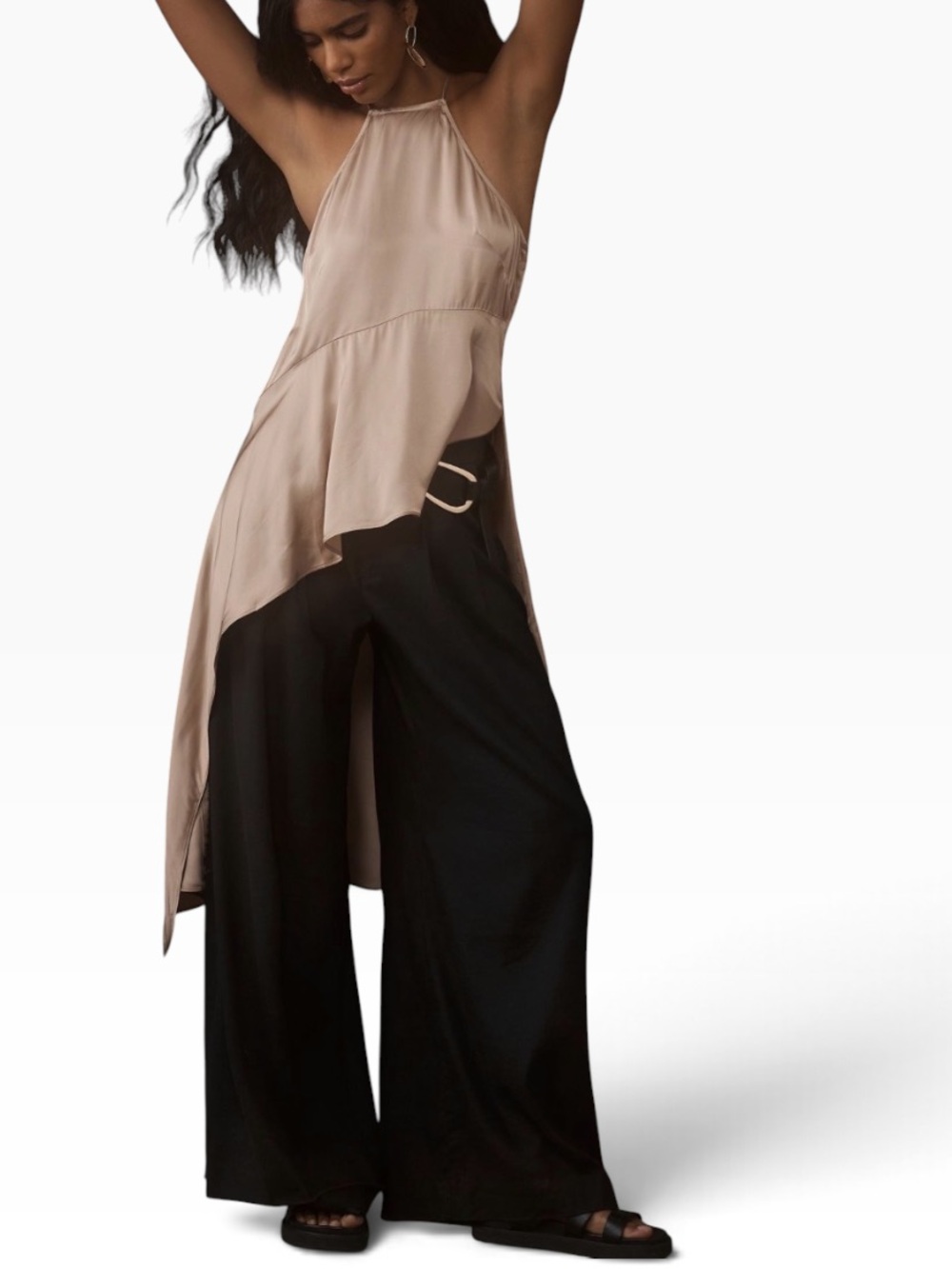 NEW Anthropologie Sleeveless Asymmetrical Tunic Top Satin Viscose Beige XL